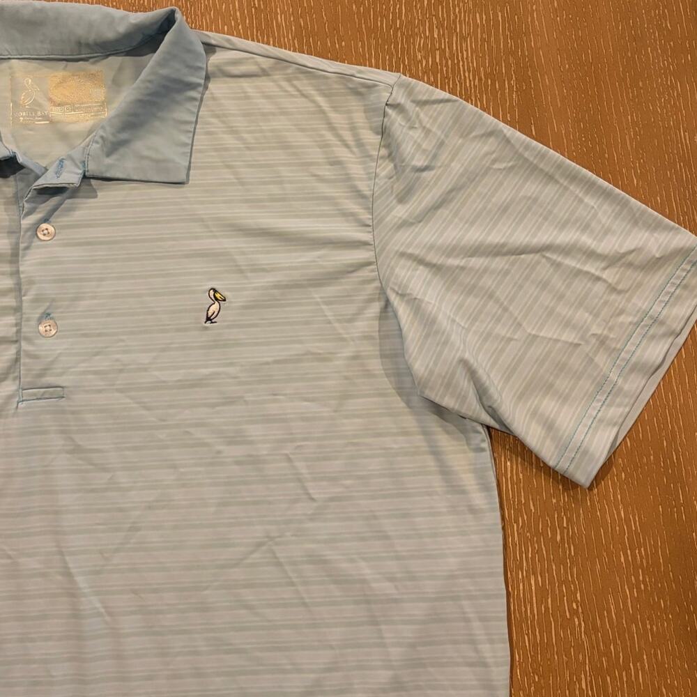 Mobile Bay Polo Short Sleeve Pelican Logo  Blue Striped Performance Nylion Large